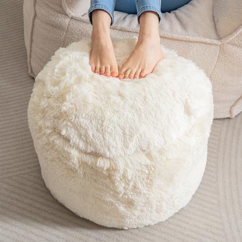 HIGOGOGO Round Stuffed Pouf Ottoman, Long Faux Fur Poufs with Foam Chunk Filling, Fluffy and Furry Pouf Foot Stool Storage Ottoman, 20 X 15 Floor Poufs Foot Rest for Living Room, Beige - color: Beige, size: 20"D x 20"W x 18"H