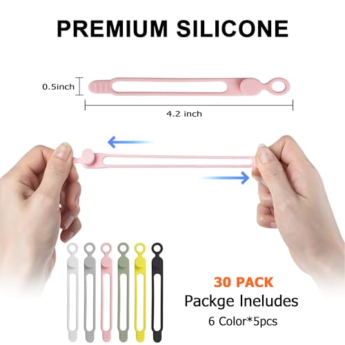 30Pcs Nearockle Silicone Cable Ties for Bundling Earphone, Phone Charger, Computer Cords, Reusable Cord Organizer Cable Management in Home,Office,Kitchen,School (6 Colors) - color: 30pcs-multicolor, size: 4.2 Inch