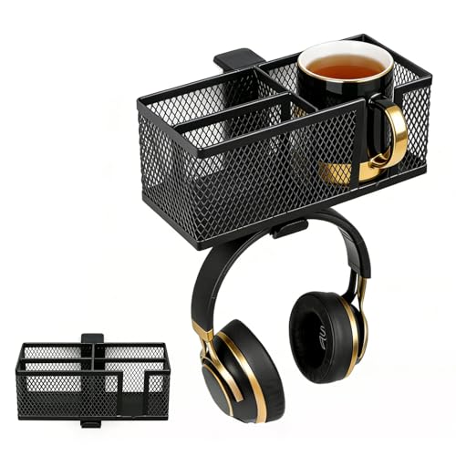 Multifunctional Clamp On Cup Holder & Desk Organizer, Space-Saving Desk Cup Holder with Headphone Hook for Office, Home - Holds Drinks, Phone, Stationery