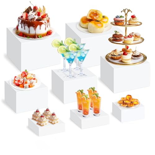 8 PCS Acrylic Buffet Risers Set, White | Versatile Display Stands, 3" to 10" Sizes, For Dessert Tables, Collectibles & Party Food Presentation