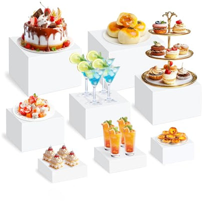 8 PCS Acrylic Buffet Risers Set, White | Versatile Display Stands, 3" to 10" Sizes, For Dessert Tables, Collectibles & Party Food Presentation