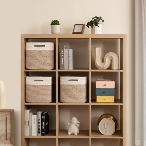 OIAHOMY Cube Storage Basket, 3-Pack Woven Cotton Rope Baskets, 11-Inch Cube Basket with Handles, Great for Shelves, Closets, Children's Toy Organization - White & Brown - color: White & Brown