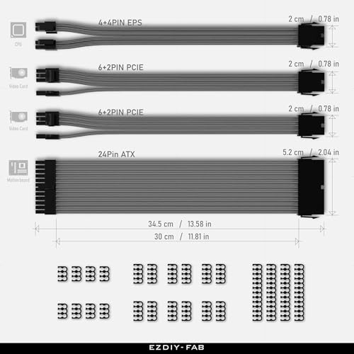 EZDIY-FAB PSU Extension Cable Sleeved Custom Mod PC Power Supply Cable, Soft Nylon Braided with Comb Kit 24PIN/8PIN to 6+2Pin/ 8PIN to 4+4PIN-30CM -Carbon - color: Carbon