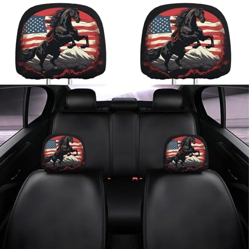 Dujiea 2 Pack Horse Jumping Mountain American Flag Car Headrest Covers, Universal Soft Car Seat Head Rest Cover Protector, Vehicle Accessories Fabric Headrest Cover for Cars Vans Trucks - color: Horse Jumping Mountain American Flag
