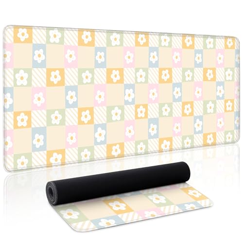 Cute Checkered Mouse Pad Large Desk Mat Extended Keyboard XL Mouse Pad Kawaii Mousepad with Non-Slip Base and Stitched Edge Daisy Mouse Mat Desk Pad 31.5 x 11.8 in Mouse Pads for Desk Home Office - color: Colorful Daisy Checkered