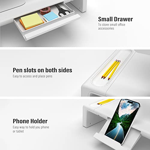 OImaster Monitor Stand Riser with Drawer - Adjustable Foldable Computer Monitor Stand for Desk, Desktop Organizer with Phone Holder & Pen Slot, Space Saving Laptop Riser for Home Office, White - color: White-Basic