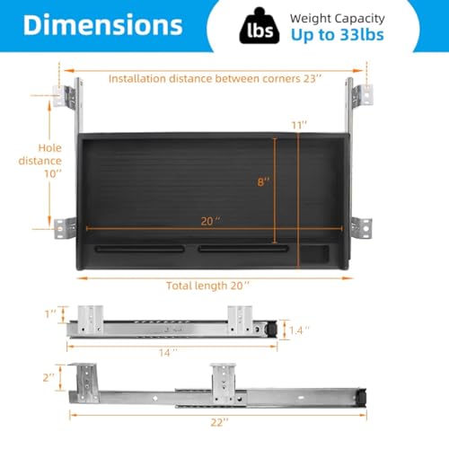 TOOCUST Under Desk Keyboard Tray, 20" Wx11"D Sturdy Key Board Tray Under Desk Slide with Pen Tray, Desk Extender with Pen Holder,Black - size: 20"Wx11"D