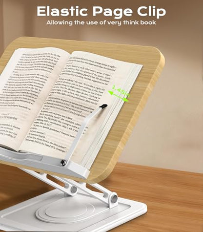 Book Stand for Reading, Adjustable Book Holder with 360°Rotating Bases, Ergonomic Cookbook Stand Recipe Book Holder with Elastic Page Clips for Magazines, Tablets, Laptops,White - color: White