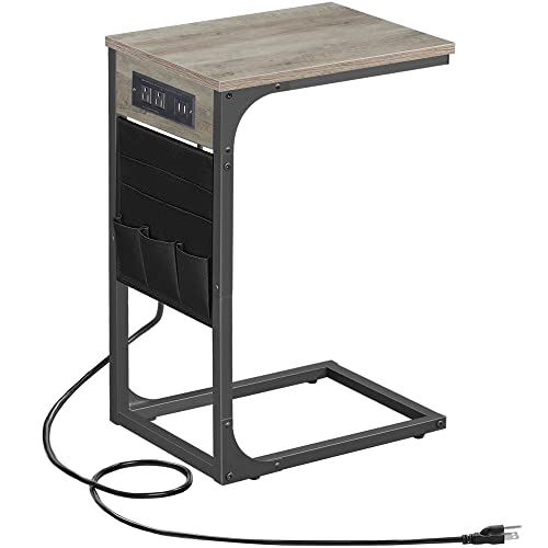 TUTOTAK C Shaped End Table with Charging Station, Side Table for Sofa, Couch Table with Storage Bag, TV Tray Table with 2 USB Ports and Outlets for Living Room, Bedroom TB01BG024 - color: Greige, size: 1 Pack (11.8"W), style: With Plug