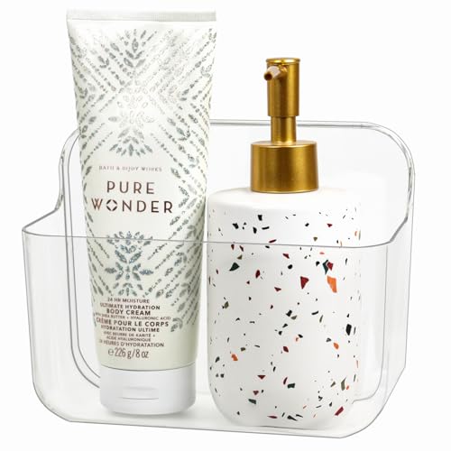 Wall Mounted Storage Organizer Bins Organizing Shelf Basket Clear Plastic Makeup Organizer Adhesive Hanging Bin Fridge Organizer for Bathroom,Kitchen,Cabinet,Pantry,Countertops (L(7×3.9×5.5")) - size: 7 × 3.9 × 5.5"