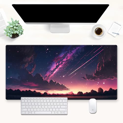 Anime Galaxy Desk Mat, Large Gaming Mouse Pad 31.5x15.7x0.12 in for Gamer | Thick 3mm comfort desk pad with vibrant anime starry night print, smooth fabric surface, and non-slip rubber backing. - color: Purple-sky