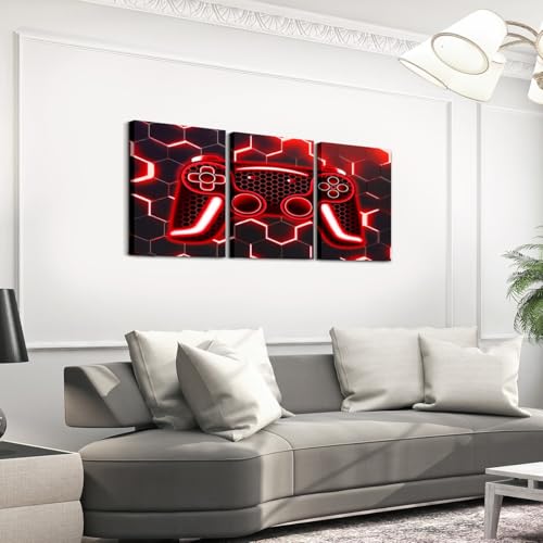 Erosebridal Kids Gamer Canvas Wall Art, Gaming Paintings Wall Decor For Boys Teens Gamepad Controller Framed Wall Art 12" X 16", Red Geometric Honeycomb Poster Prints Gaming Decor For Boys Bedroom - color: Red