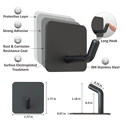 VIS'V Adhesive Hooks for Shower Wall, Heavy Duty, Black, 4 Pcs | Metal Material, Compact Design, Peel and Stick, 2 Extra Adhesive Strips, for Bathroom Kitchen Livingroom Office RV - color: Black