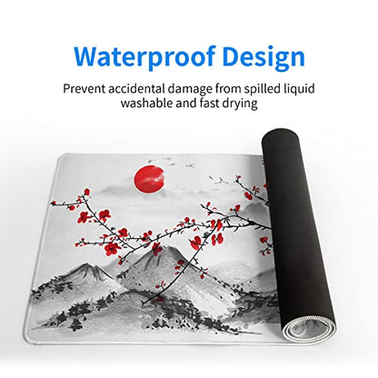 Japanese Cherry Blossom Gaming Mouse Pad 27.6x11.8 Inch Pink Full Desk Sakura Large Non-Slip Rubber Base Waterproof Big Keyboard Mat With Stitched Edges for Office - color: Cherry Blossom
