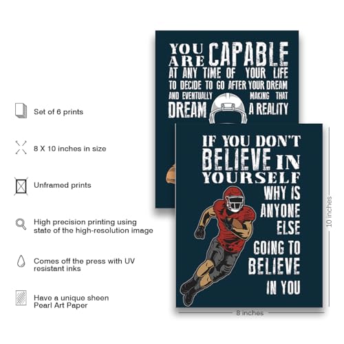 Inspirational Football Wall Art Motivation Posters For Kids Room - Sports Decor Set Of 6 (8x10")