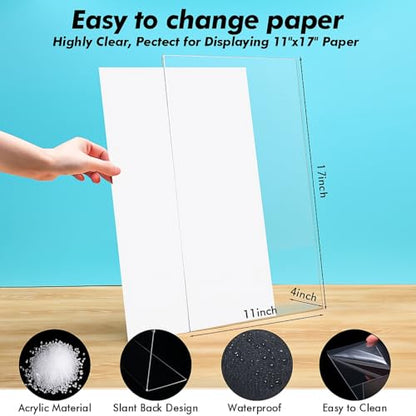 Qilery 4 Pcs Acrylic Sign Holder Clear Display Stand Frame Table Top Slant Back Plastic Sign Holder Flyer Document for Menu Workers Teachers Office School Desktop (11 x 17 Inch) - size: 11 x 17 Inch