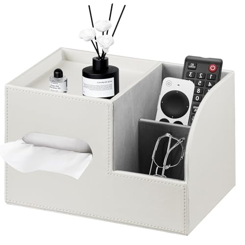 PU Leather Tissue Box Cover Square,Tissue Box Holder Organizer with Storage Tray and Remote Control Holder for Bathroom Countertop Night Stands Bedroom Office Desk,Napkin Caddy Decorative White - color: Cream