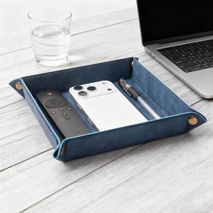 Valet Tray Desktop Storage Organizer – Premium PU Leather Catchall Bedside Vanity Tray Nightstand Caddy Holder for Remote Controller, Keys, Phone, Wallet, Coin, Jewelry,Blue - color: Blue