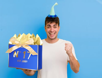 JWSCYSY 17th Blue Birthday Gift Bag with Card, Tissue Paper and Ribbon for Men Boys Birthday Party Favor, Presents Wrapping (12.6" EST 2009) - color: 17TH