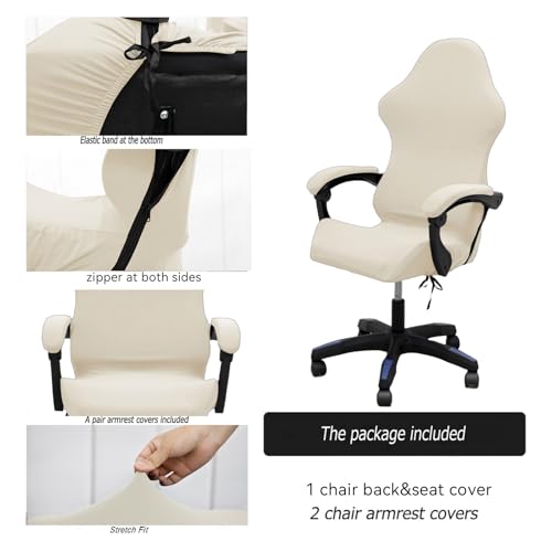 Gaming Chair Cover Set with Armrest Covers, Stretch Ruffled Slipcover for Racing Office Computer Reclining Chairs (Cream) - color: Cream