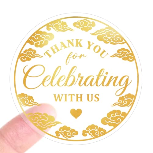 100PCS Thank You for Celebrating with Us Stickers,Gold Party Favor Labels with Elegant Cloud Design Stickers for Wedding, Birthday, Baby Shower, Graduation Favor Bags & Dessert Table 1.6" (Gold)