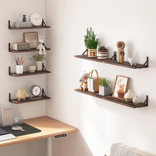 Fixwal Floating Shelves, Width 4.75in Rustic Wood Wall Shelves Set of 8, Wall Storage Shelves for Bedroom, Living Room, Kitchen, Bathroom, Office and Plants (Dark Carbonized Black) - color: Dark Carbonized Black, style: 8pcs
