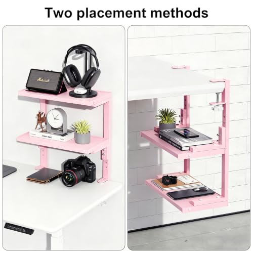 2-Tier Desk Shelf, Expandable Under Desk Storage, Clamp on Desk Shelf, Desktop Accessories for Offices, Study Rooms, and Game Rooms (Pink) - color: Pink