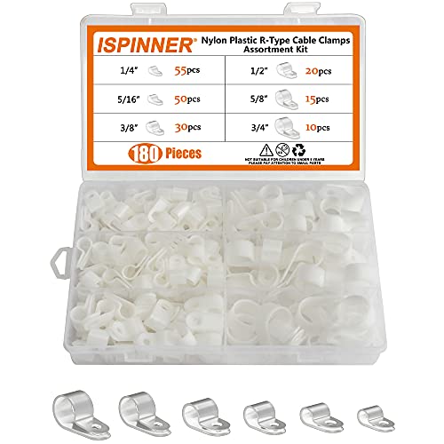 ISPINNER 180pcs Nylon Plastic R-Type Cable Clamps, 1/4" 5/16" 3/8" 1/2" 5/8" 3/4" Clips Fasteners Assortment Kit for Cable Conduit (White) - color: White