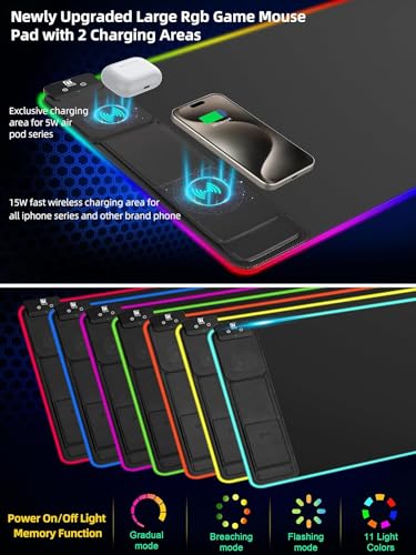 XXL Mouse Pad with Phone Holder - Black, RGB Desk Mat with 15W Fast Charging, LED Gaming Mousepad with 11 Light Colors, Waterproof Non-Slip Pad for Office & Home - color: Black