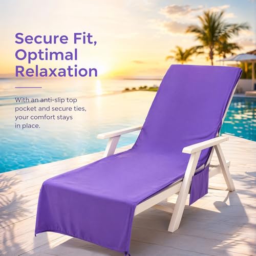 VOCOOL Beach Chair Cover Lounge Chair Cover Microfiber Beach Chair Towel | Soft Absorbent Pool Lounge Chair Cover with Pockets, for Summer Sunbathing Garden Patio Sun Lounger Hotel, Purple, 85" x 30" - color: Purple