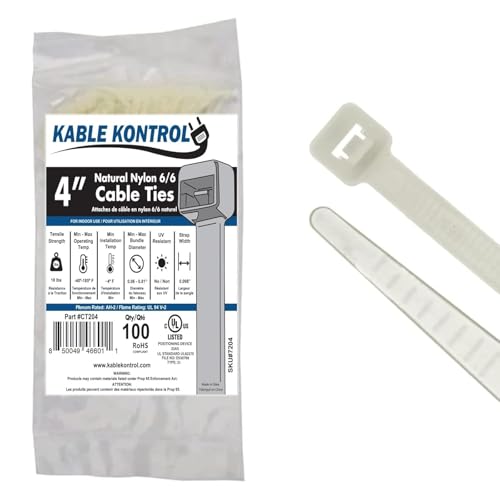 Kable Kontrol Cable Zip Ties Natural White 100 Pcs 4 Inch, 18 Lbs Tensile Strength, Self-locking Natural Nylon Clear Plastic Wire Ties wraps for Indoor or Outdoor Use - color: Natural, size: 4" - 18 Lbs - 100 Pcs