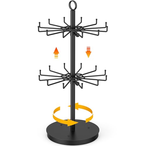ORLESS 2 Tier Rotating Jewelry Display Stand, Keychain Display Stand with 24 Hooks, Black Metal Retail Display Spinning Holder for Vendor, Spinning Display Rack for Necklace Bracelet Earring Organizer - color: Black-2 Tier