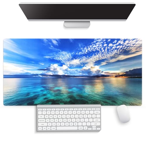 Large Gaming Mouse Pad (31.5" x 15.8")- Maldives Islands Paradise Majestic Tranquil Ocean Scene Mirrored Waters Overcast Clouds, Extra XXL Office Decor, Premium Stitched Anti-Slip Desk Mat - color: Blue Green