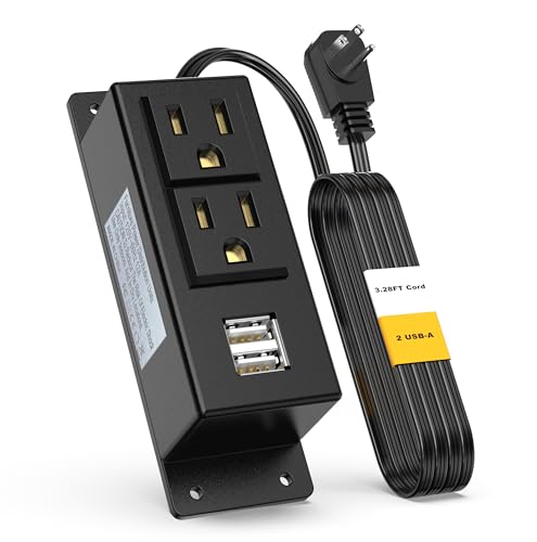 Kungfuking Surge Protector Power Strip Flat Plug Desk Power Grommet Conference Wall Mount USB Outlet Power Socket 2-Socket & 2-USB Ports 3.28 FT Extension Cord (Black) - color: Black-3.28FT