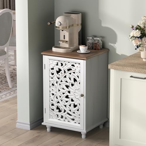 Jiansu furni Boho Small Buffet Cabinet with Hand-Carved Mandala Door, 17" Coffee Bar Station with Adjustable Shelf, Distressed White Accent Storage Cabinet for Small Spaces, Kitchen, Dining Room - color: White & Walnut_1 Door