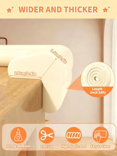 L-Shape 6.56FT 0.6'' Thick Baby Proof Corners and Edges, Pre-Taped | Thickened Upgrade, with 6 Corner Covers, Soft Rubber Foam Furniture Corner Bumper Guards for Table Wall Fireplace, Beige - color: Beige, size: 0.6''Th (6.56ft)