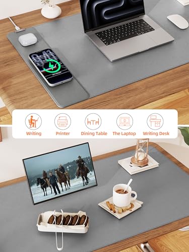 TopMade Mouse Pad with 15W Wireless Charging, XXL Large Leather Desk Mat, Waterproof Gaming Mousepad Home Office Desk Pad Protector, Computer Keyboard Pad, Mouse Mat for MacBook, PC, Laptop, Gray - color: Gray