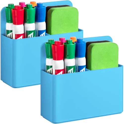 2 Pcs Magnetic Dry Erase Marker Holder for Whiteboard, Plastic Magnetic Pen Holder for Refrigerator Fridge, Magnet Pencil Cup for School Classroom, Locker Accessories, Pen Cup Organizer-Blue - color: Blue