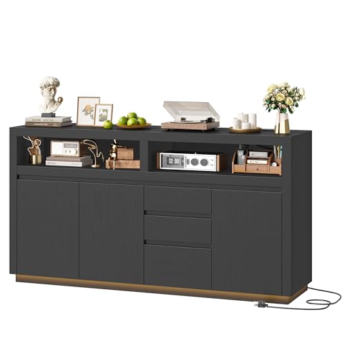 FACBOTALL 63" Modern TV Stand, Large Entertainment Center with Storage Cabinets & Drawers, Media Console Cabinet up to 70 Inch with LED Lights & Power Outlet, TV Consoles for Living Room, Black - color: Black