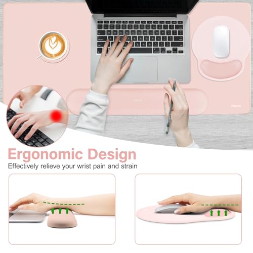 MOSISO Wrist Rest for Keyboard Mouse Pad Set, Large Gaming Deskpad&Circle Curved Mousepad&Keyboard Wrist Rest&Coaster, Ergonomic Non-Slip Mousepad&Easy Typing Pad with Silicone Lining, Baby Pink - color: Baby Pink