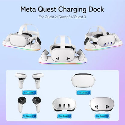 GearSpire Charging Dock Station for Quest 2/3/3S, White RGB LED Stand with USB-C Fast Charging, Controller Charger, VR Headset Accessories