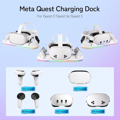 GearSpire Charging Dock Station for Quest 2/3/3S, White RGB LED Stand with USB-C Fast Charging, Controller Charger, VR Headset Accessories