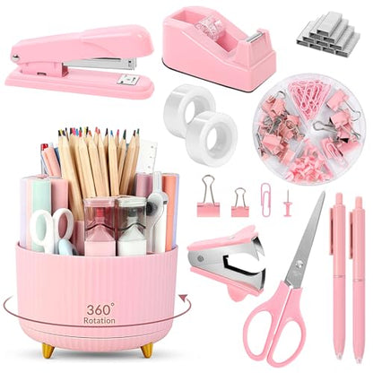 SKYDUE Pink Desk Accessories 10Pcs, Rotating Pen Holder for Desk, Stapler, Staple Remover, Tape Dispenser,2pcs Tape Refills, Binder Paper Clips Kit, Scissor,Pink Office School Supplies - color: Pink