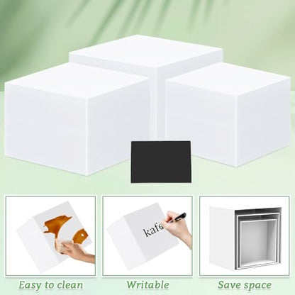 3 Pack Buffet Risers with 3 Signs and 2 Pen, White Food Risers for Buffet Table, Food Display Risers for Party, Acrylic Cube Display Nesting Risers with Hollow Bottoms for Catering Dessert Collectibles Jewelry (Size 8",9",10")