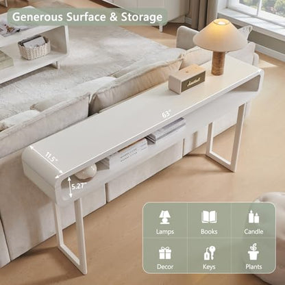 IFGET 63-Inch Long Console Table, 31.5" Tall Modern Entryway Table with Open Storage Shelf, Curved Profile Design, Narrow Wood Sofa Table Behind Couch Table for Living Room, Hallway, Foyer, White - color: White