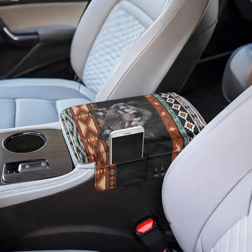 Wanyint Aztec Wolf Black Car Center Console Cover Scratch Resistant Armrest Seat Box Cover with Organizer Pockets Console Lid Protector Cushion Fit for Most Cars Vehicles SUVs - color: Aztec Wolf Black