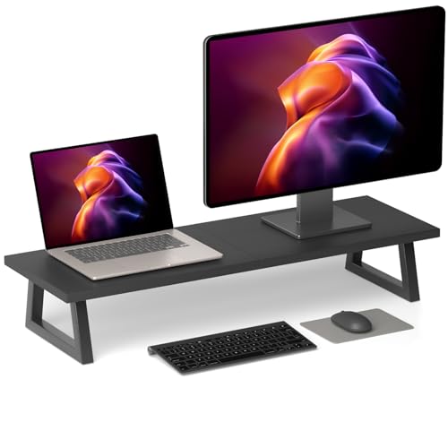 TEAMIX 31.5 inch Dual Monitor Riser, Long Black Monitor Stand Riser Wide TV Stand Riser Monitor Stand for 2 Monitors Wood & Steel Desktop Riser Desk Organization Home Office - color: Black
