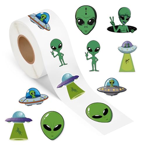 500 Pcs Alien Stickers Roll Cartoon Green UFO Self Adhesive Waterproof Vinyl Decals for Birthday Party Decorations Supplies Favors Scrapbook Envelope Seals DIY Craft Funny Reward - color: Alien Stickers Roll