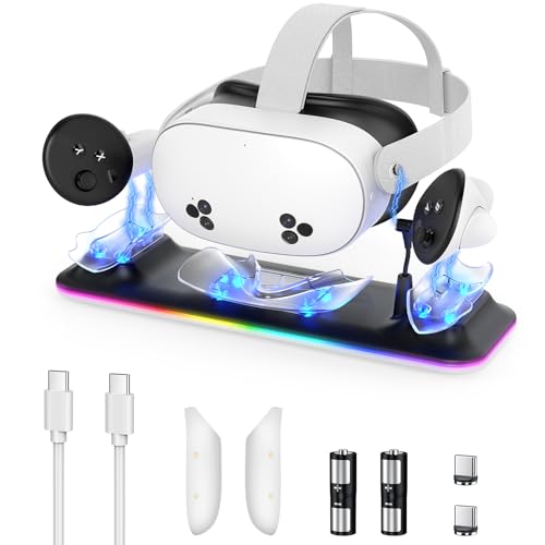 Charging Dock for Meta Quest 3S/3, Kinwin Magnetic Charging Station for Oculus Quest 3S/3 Accessories with RGB Light, Charging Stand for VR Headset & Controller with 2 Rechargeable Batteries - color: Black & White