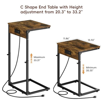 Vagusicc C Shaped End Tables Set of 2 with Charging Station, 33.2'' Tall C Table Adjustable Height Side Table, Small Side Table for Small Spaces, Couch Sofa Table TV Tray for Living Room, Rustic Brown - color: Rustic Brown (2 Pack), style: With Plug